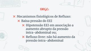 DRGE:
✖ Mecanismos fisiológicos de Refluxo:
✖ Baixa pressão do EEI
✖ Hipotensão EEI em associação a
aumento abrupto da pressão
intra-abdominal ou;
✖ Refluxo livre: não há aumento da
pressão intra-abdominal
47
 
