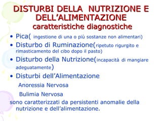 DISTURBI DELLA NUTRIZIONE EDISTURBI DELLA NUTRIZIONE E
DELL’ALIMENTAZIONEDELL’ALIMENTAZIONE
caratteristiche diagnostichecaratteristiche diagnostiche
• Pica( ingestione di una o più sostanze non alimentari)
• Disturbo di Ruminazione(ripetuto rigurgito e
rimasticamento del cibo dopo il pasto)
• Disturbo della Nutrizione(incapacità di mangiare
adeguatamente)
• Disturbi dell’Alimentazione
Anoressia Nervosa
Bulimia Nervosa
sono caratterizzati da persistenti anomalie della
nutrizione e dell’alimentazione.
 