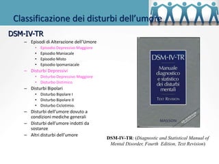 Classificazione dei disturbi dell’umore
– Episodi di Alterazione dell’Umore
• Episodio Depressivo Maggiore
• Episodio Maniacale
• Episodio Misto
• Episodio Ipomaniacale
– Disturbi Depressivi
• Disturbo Depressivo Maggiore
• Disturbo Distimico
– Disturbi Bipolari
• Disturbo Bipolare I
• Disturbo Bipolare II
• Disturbo Ciclotimio.
– Disturbi dell’umore dovuto a
condizioni mediche generali
– Disturbi dell’umore indotti da
sostanze
– Altri disturbi dell’umore
DSM-IV-TR: (Diagnostic and Statistical Manual of
Mental Disorder, Fourth Edition, Text Revision)
DSM-IV-TR
 