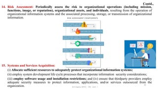14. Risk Assessment: Periodically assess the risk to organizational operations (including mission,
functions, image, or reputation), organizational assets, and individuals, resulting from the operation of
organizational information systems and the associated processing, storage, or transmission of organizational
information.
15. Systems and Services Acquisition:
(i) Allocate sufficient resources to adequately protect organizational information systems;
(ii) employ system development life cycle processes that incorporate information security considerations;
(iii) employ software usage and installation restrictions; and (iv) ensure that thirdparty providers employ
adequate security measures to protect information, applications, and/or services outsourced from the
organization. 30
Contd.,
Dr.S.Sapna, AP/CS - DIS - Unit - I
 