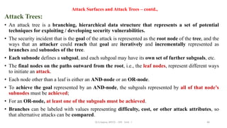 • An attack tree is a branching, hierarchical data structure that represents a set of potential
techniques for exploiting / developing security vulnerabilities.
• The security incident that is the goal of the attack is represented as the root node of the tree, and the
ways that an attacker could reach that goal are iteratively and incrementally represented as
branches and subnodes of the tree.
• Each subnode defines a subgoal, and each subgoal may have its own set of further subgoals, etc.
• The final nodes on the paths outward from the root, i.e., the leaf nodes, represent different ways
to initiate an attack.
• Each node other than a leaf is either an AND-node or an OR-node.
• To achieve the goal represented by an AND-node, the subgoals represented by all of that node’s
subnodes must be achieved;
• For an OR-node, at least one of the subgoals must be achieved.
• Branches can be labeled with values representing difficulty, cost, or other attack attributes, so
that alternative attacks can be compared.
46
Attack Trees:
Attack Surfaces and Attack Trees – contd.,
Dr.S.Sapna, AP/CS - DIS - Unit - I
 