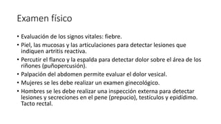 Examen físico
• Evaluación de los signos vitales: fiebre.
• Piel, las mucosas y las articulaciones para detectar lesiones que
indiquen artritis reactiva.
• Percutir el flanco y la espalda para detectar dolor sobre el área de los
riñones (puñopercusión).
• Palpación del abdomen permite evaluar el dolor vesical.
• Mujeres se les debe realizar un examen ginecológico.
• Hombres se les debe realizar una inspección externa para detectar
lesiones y secreciones en el pene (prepucio), testículos y epidídimo.
Tacto rectal.
 