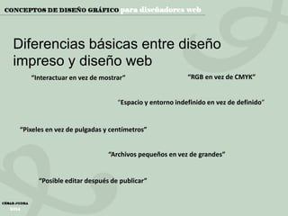 Diferencias básicas entre diseño
impreso y diseño web
“Interactuar en vez de mostrar”

“RGB en vez de CMYK”

“Espacio y entorno indefinido en vez de definido”

“Pixeles en vez de pulgadas y centímetros”
“Archivos pequeños en vez de grandes”

“Posible editar después de publicar”

 