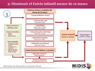 3: Disminuir el Estrés infantil menor de 12 meses

3

Prácticas Crianza y Cuidados del
menor de 12 meses
↑ Lactancia Materna Precoz
↑ Contacto piel a piel
e+

Menor de 6 meses

Mejora el Entorno
del Niño y niña
Entorno Inmediato

•
•
•

Pobreza
Vivienda
Medio ambiente,

↑ Sensibilidad
Madre/Padre/cuidador
Menor de 12 meses

↑ Interacción padre-madre-hijos
Menor de 12 meses

↑ Estimulación Cognitiva

↓ Estrés Infantil
menor 12 meses

Menor de 12 meses
•
•
•
•
•

Entorno Amplio
Educación de la mujer,
Identidad de la madre y
el niño/a
Participación de la
comunidad.
Aspectos culturales
Relaciones de poder
(familia-sociedad)

↑ Interacción con el entorno
Menor de 12 meses

Estado Emocional Madres y Lactantes
↓ Depresión materna
Puérpera/lactante
e+

↓Violencia doméstica
Pareja /Madres/ menor 12m

↑Apego Seguro
menor 12 meses

 