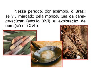 Nesse período, por exemplo, o Brasil
se viu marcado pela monocultura da canade-açúcar (século XVI) e exploração de
ouro (século XVII).

 