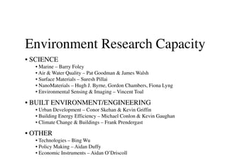 Environment Research Capacity
• SCIENCE
  • Marine – Barry Foley
  • Air & Water Quality – Pat Goodman & James Walsh
  • Surface Materials – Suresh Pillai
  • NanoMaterials – Hugh J. Byrne, Gordon Chambers, Fiona Lyng
  • Environmental Sensing & Imaging – Vincent Toal

• BUILT ENVIRONMENT/ENGINEERING
  • Urban Development – Conor Skehan & Kevin Griffin
  • Building Energy Efficiency – Michael Conlon & Kevin Gaughan
  • Climate Change & Buildings – Frank Prendergast

• OTHER
  • Technologies – Bing Wu
  • Policy Making – Aidan Duffy
  • Economic Instruments – Aidan O’Driscoll
 