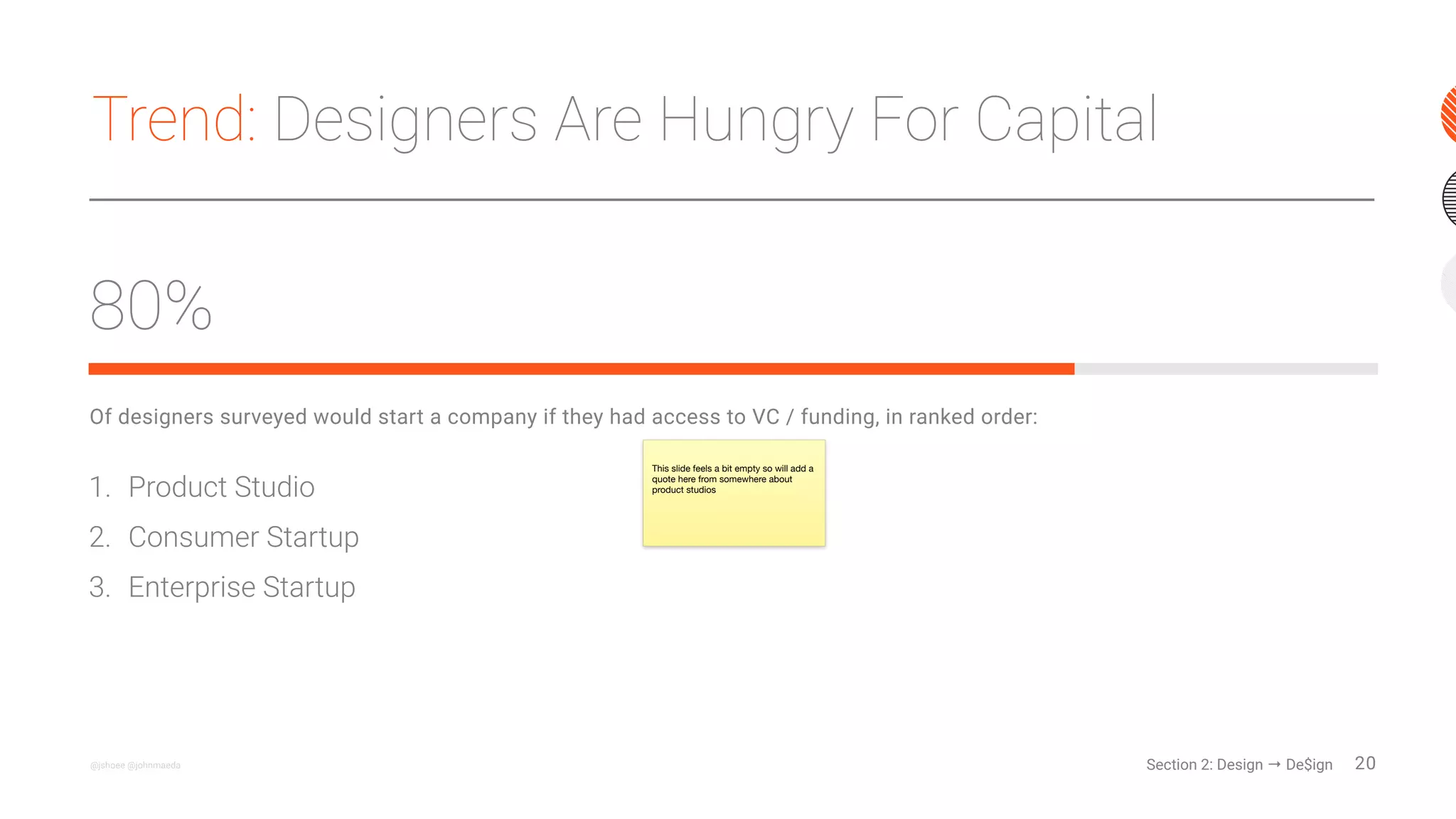 20@johnmaeda @bigstock @behance @dribbble @deviantart
Creative community acquisitions
in the last five years. There’s
likely going to be more.
It’s important to remember that creative
communities are generally “not for sale” in a
traditional way. Membership is primarily
voluntary, and it is in the pursuit of a
common good as the primary driving factor.
Five
Trend:
Creative Communities
Are A Secret Ingredient
Acquired: 2009
Shutterstock
Acquired: 2012
Adobe
Acquired: 2015
Adobe
Acquired: 2017
Wix
Acquired: 2017
Tiny
Acquired: 2016
Invision
Bigstock Behance Fotolia
DribbbleDeviant ArtMuzli
Section 2: Design → De$ign
 