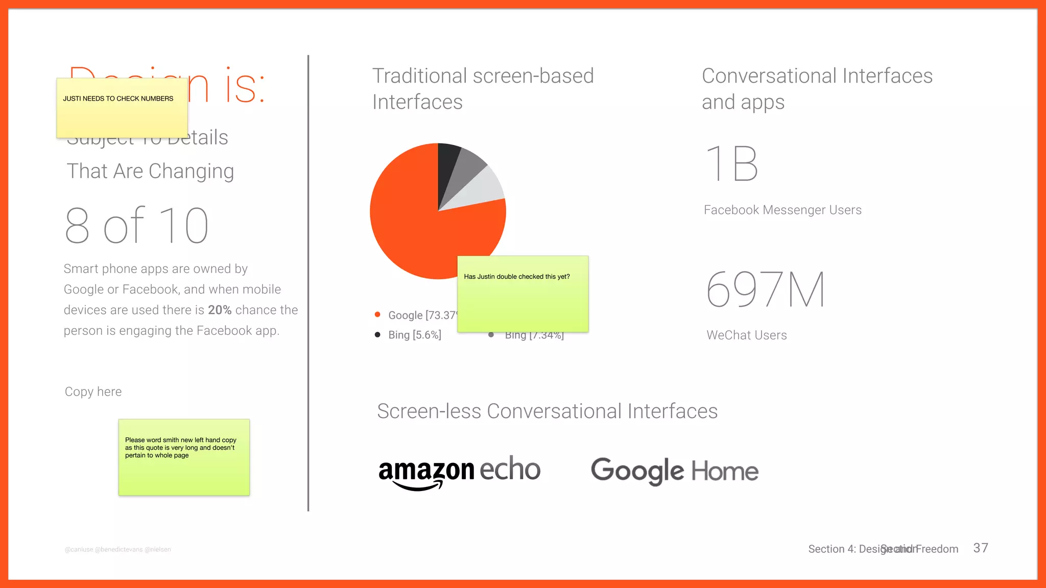 37@facebook @statista @producthunt
Design is:
Now A Lot of Talk
Chat-based interfaces are
grounded in mental models that
don't require a complex
graphical representation and
navigation system.
Chat Services listed on
394
Section 4: Shaping Voice
Facebook Messenger Users
1B
WeChat Users
846M
Conversational interfaces are grounded in the original CLI
(Command Line Interfaces) and are a bit retro, but effective.
 