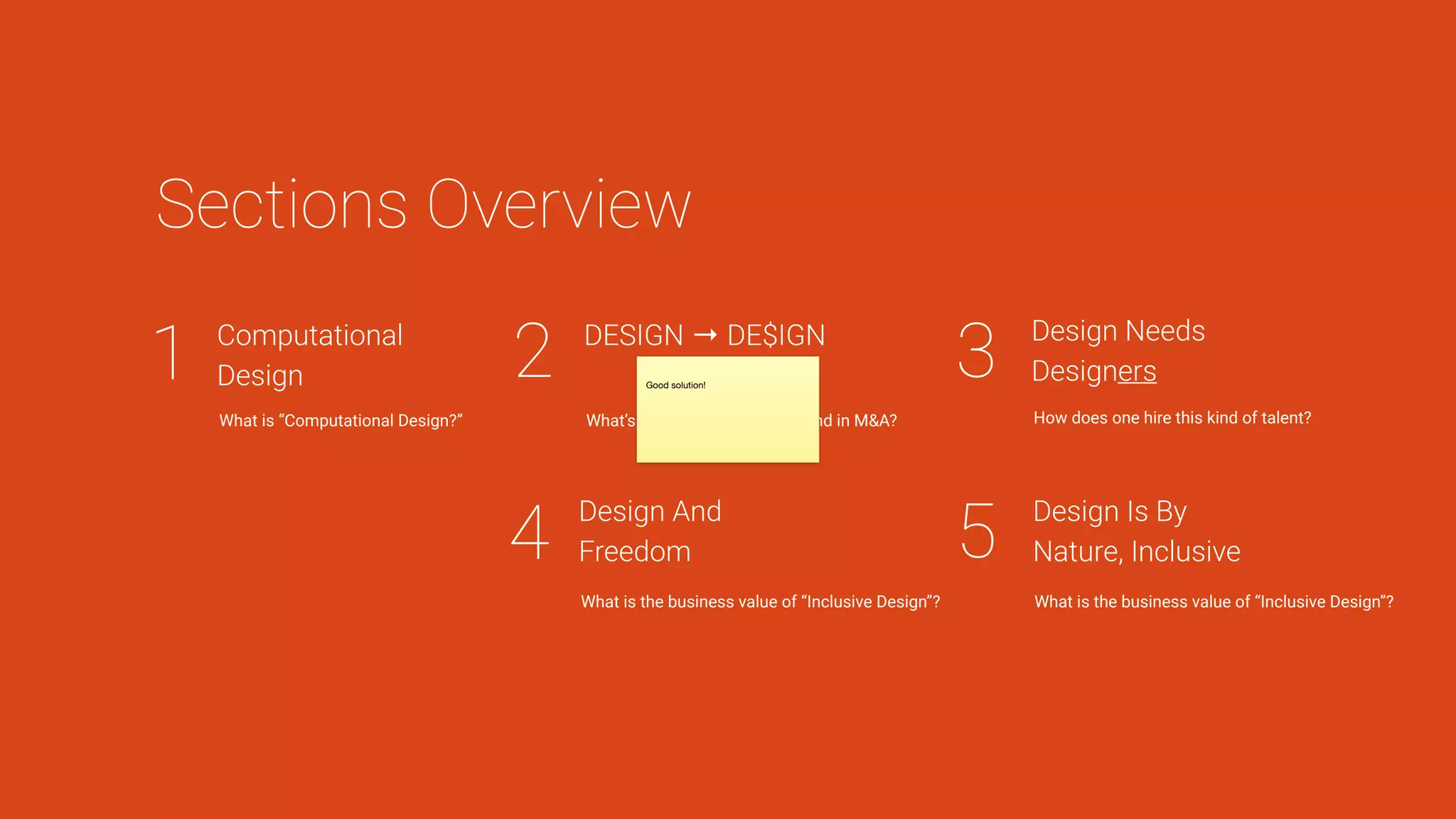 1 Computational
Design 32
5
Sections Overview
What is “Computational Design” and
why does it matter to business + tech?
DESIGN → DE$IGN
What’s happening in startups and in M&A?
Design Needs
Designers
How does one hire this kind of talent?
Design Is By
Nature, Inclusive
Why does inclusion go together with design?
4
Shaping
Voice
What is the business value of “Inclusive Design”?
@pearlchen
 