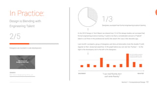 10@NEA @daynagrayson @automattic @photomatt
Designers are involved in code development
2/5
“I can read ﬂuently, but I
can't write ﬂuently.”
MASTERBEGINNER
NEA Future of Design Survey 2016
SOURCE
In Practice:
Design is Blending with
Engineering Talent
In the 2016 Design in Tech Report we shared how 1/3 of the design leaders we surveyed
had formal engineering/science training. It said to me that a considerable amount of “hybrid”
talent is out there in the professional world, that wasn’t the case a few decades ago.
Last month I surveyed a group of designers and devs at Automattic (note the double-T) with
regards to their Javascript expertise. In the graph below you can see two “humps” — to the
right is the developers, but to the left is the designers.
1/3
Designers surveyed had formal engineering/science training
Since 2015, WordPress developers
have been encouraged to master
Javascript from WP’s native PHP.
*
Section 1: Computational Design
 