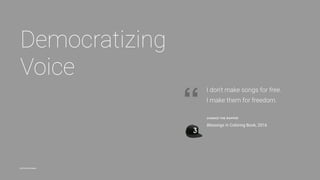 35@kpcb @a16z @benedictevans @shoobe01 @caniuse
Design is:
Attention to Detail, but
Context is Everything
Design is concerned with all the details that
make an experience something that is spectacular
and memorable. That said, these days it isn’t an
easy task to achieve given how devices can vary
and how browsers can interpret code in a variety
of unpredictable ways. But the greater context in
which these experiences come to be need to
be considered.
Using caniuse.com to see if a particular CSS descriptor works across browsers.
Variability in Browsers
How and whether people hold different device types, by Steven Hoober
Variability in Devices
11 14 51
15 52
53
54
56
57
58
59
10
10.1
TP
43
44
45
10.2 ALL 53 56
55 9.3 4.4.4
IE Edge Firefox Chrome Safari Opera
iOS
Safari
Opera
Mini
Android
Browser
Chrome
Android
Section 4: Shaping Voice
 