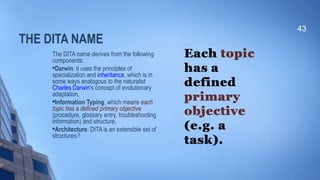THE DITA NAME
The DITA name derives from the following
components:

Darwin: it uses the principles of
specialization and inheritance, which is in
some ways analogous to the naturalist
Charles Darwin's concept of evolutionary
adaptation,

Information Typing, which means each
topic has a defined primary objective
(procedure, glossary entry, troubleshooting
information) and structure,

Architecture: DITA is an extensible set of
structures.[3]
43
 
