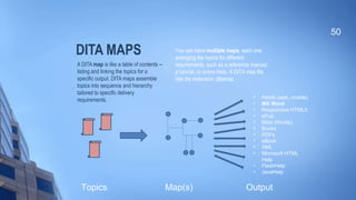 DITA MAPS
A DITA map is like a table of contents --
listing and linking the topics for a
specific output. DITA maps assemble
topics into sequence and hierarchy
tailored to specific delivery
requirements.
50
• Html5 (web, mobile)
• MS Word
• Responsive HTML5
• ePub
• Mobi (Kindle)
• Books
• PDFs
• eBook
• XML
• Microsoft HTML
Help
• FlashHelp
• JavaHelp
Topics Map(s) Output
You can have multiple maps, each one
arranging the topics for different
requirements, such as a reference manual,
a tutorial, or online Help. A DITA map file
has the extension .ditamap.
 