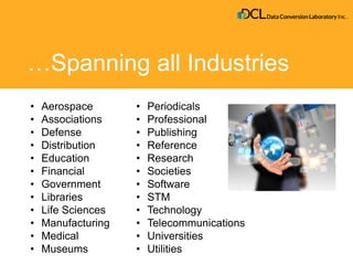 • Periodicals
• Professional
• Publishing
• Reference
• Research
• Societies
• Software
• STM
• Technology
• Telecommunications
• Universities
• Utilities
…Spanning all Industries
• Aerospace
• Associations
• Defense
• Distribution
• Education
• Financial
• Government
• Libraries
• Life Sciences
• Manufacturing
• Medical
• Museums
 