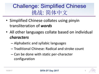Challenge: Simplified Chinese
挑战: 简体中文
• Simplified Chinese collates using pinyin
transliteration of words
• All other languages collate based on individual
characters
– Alphabetic and syllabic languages
– Traditional Chinese: Radical and stroke count
– Can be done with static per-character
configuration
10/29/17 DITA OT Day 2017 4
 
