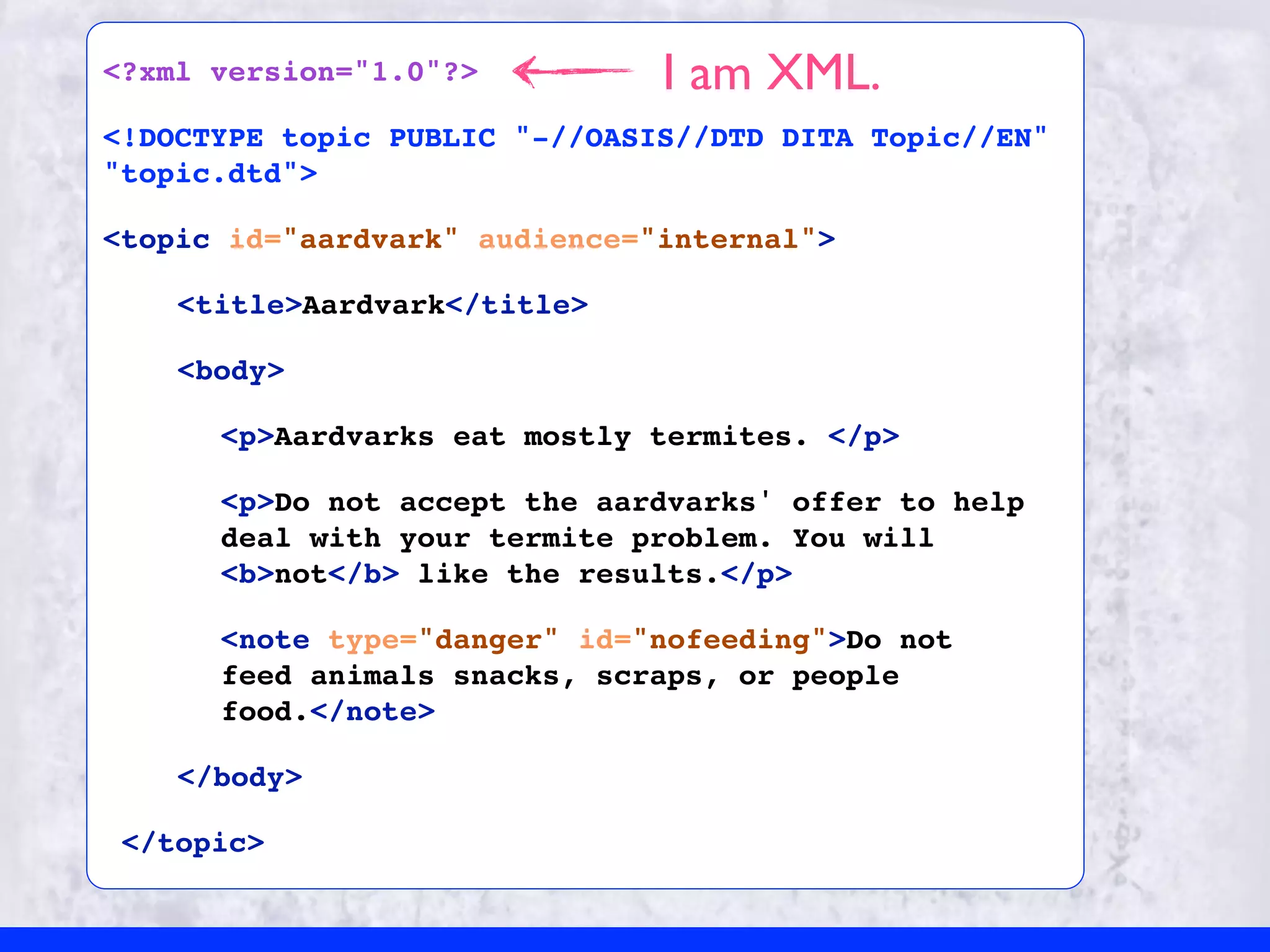 <?xml version="1.0"?>          I am XML.
<!DOCTYPE topic PUBLIC "-//OASIS//DTD DITA Topic//EN"
"topic.dtd">

<topic id="aardvark" audience="internal">

    <title>Aardvark</title>

    <body>

      <p>Aardvarks eat mostly termites. </p>

      <p>Do not accept the aardvarks' offer to help
      deal with your termite problem. You will
      <b>not</b> like the results.</p>

      <note type="danger" id="nofeeding">Do not
      feed animals snacks, scraps, or people
      food.</note>

    </body>

 </topic>
 