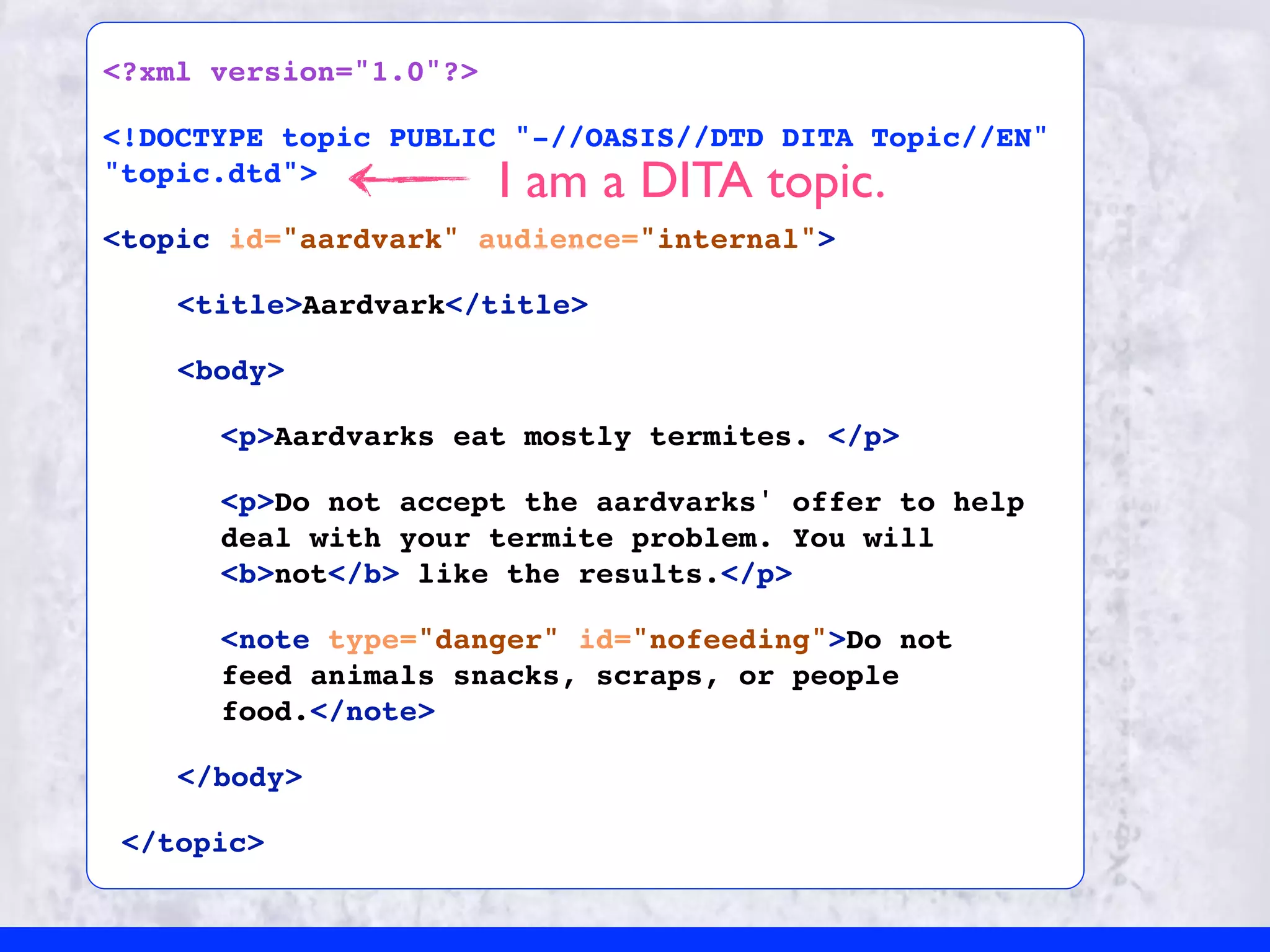 <?xml version="1.0"?>

<!DOCTYPE topic PUBLIC "-//OASIS//DTD DITA Topic//EN"
"topic.dtd">            I am a DITA topic.
<topic id="aardvark" audience="internal">

    <title>Aardvark</title>

    <body>

      <p>Aardvarks eat mostly termites. </p>

      <p>Do not accept the aardvarks' offer to help
      deal with your termite problem. You will
      <b>not</b> like the results.</p>

      <note type="danger" id="nofeeding">Do not
      feed animals snacks, scraps, or people
      food.</note>

    </body>

 </topic>
 