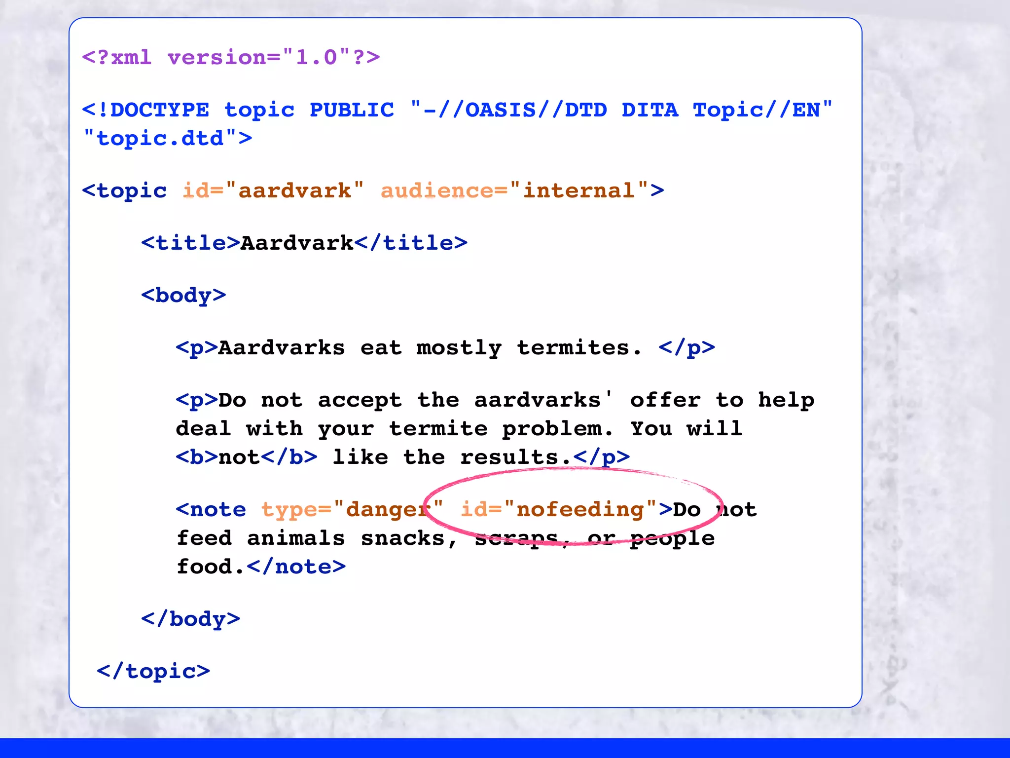 <?xml version="1.0"?>

<!DOCTYPE topic PUBLIC "-//OASIS//DTD DITA Topic//EN"
"topic.dtd">

<topic id="aardvark" audience="internal">

    <title>Aardvark</title>

    <body>

      <p>Aardvarks eat mostly termites. </p>

      <p>Do not accept the aardvarks' offer to help
      deal with your termite problem. You will
      <b>not</b> like the results.</p>

      <note type="danger" id="nofeeding">Do not
      feed animals snacks, scraps, or people
      food.</note>

    </body>

 </topic>
 