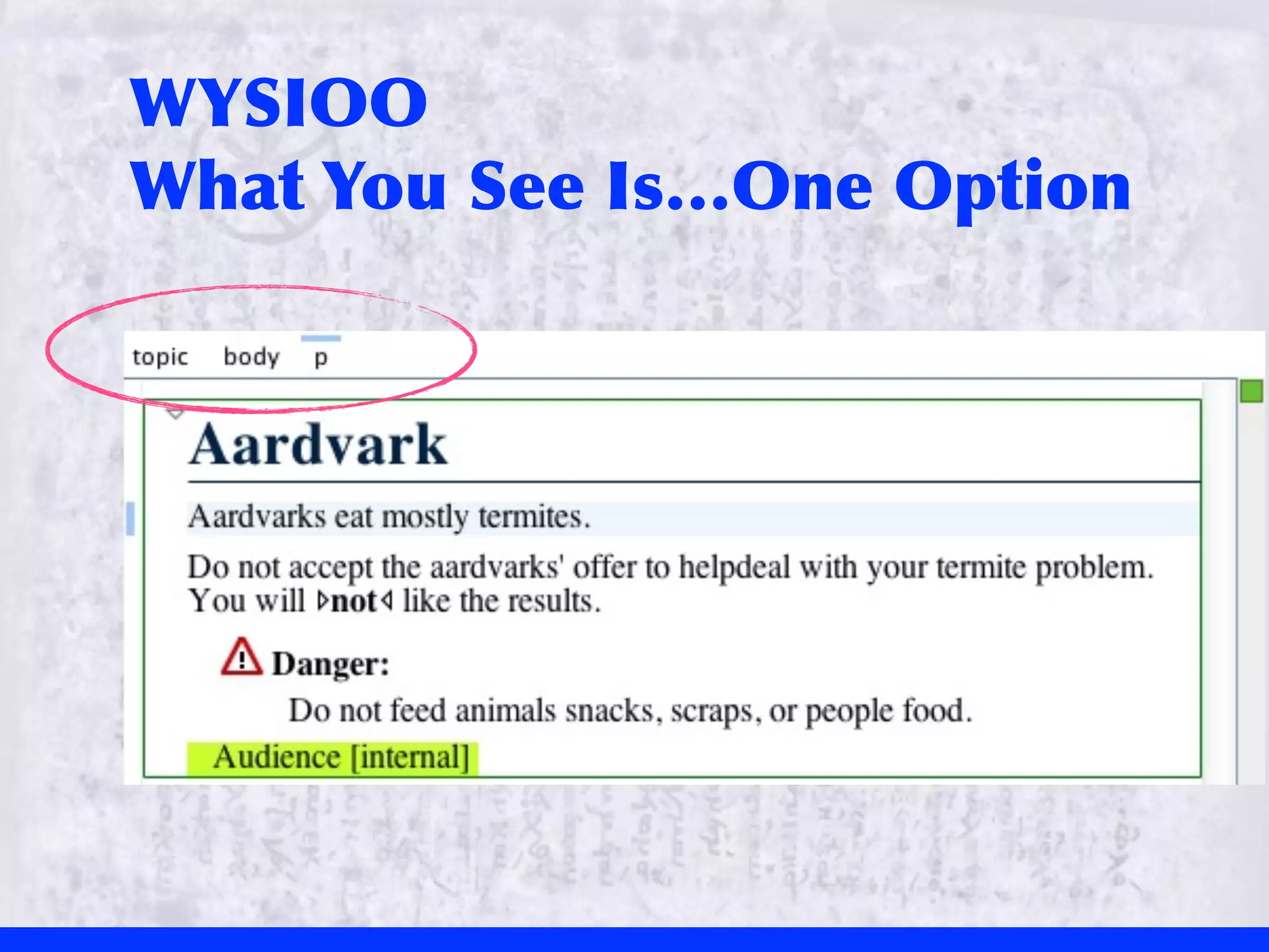 WYSIOO
What	
 You	
 See	
 Is…One	
 Option
 
