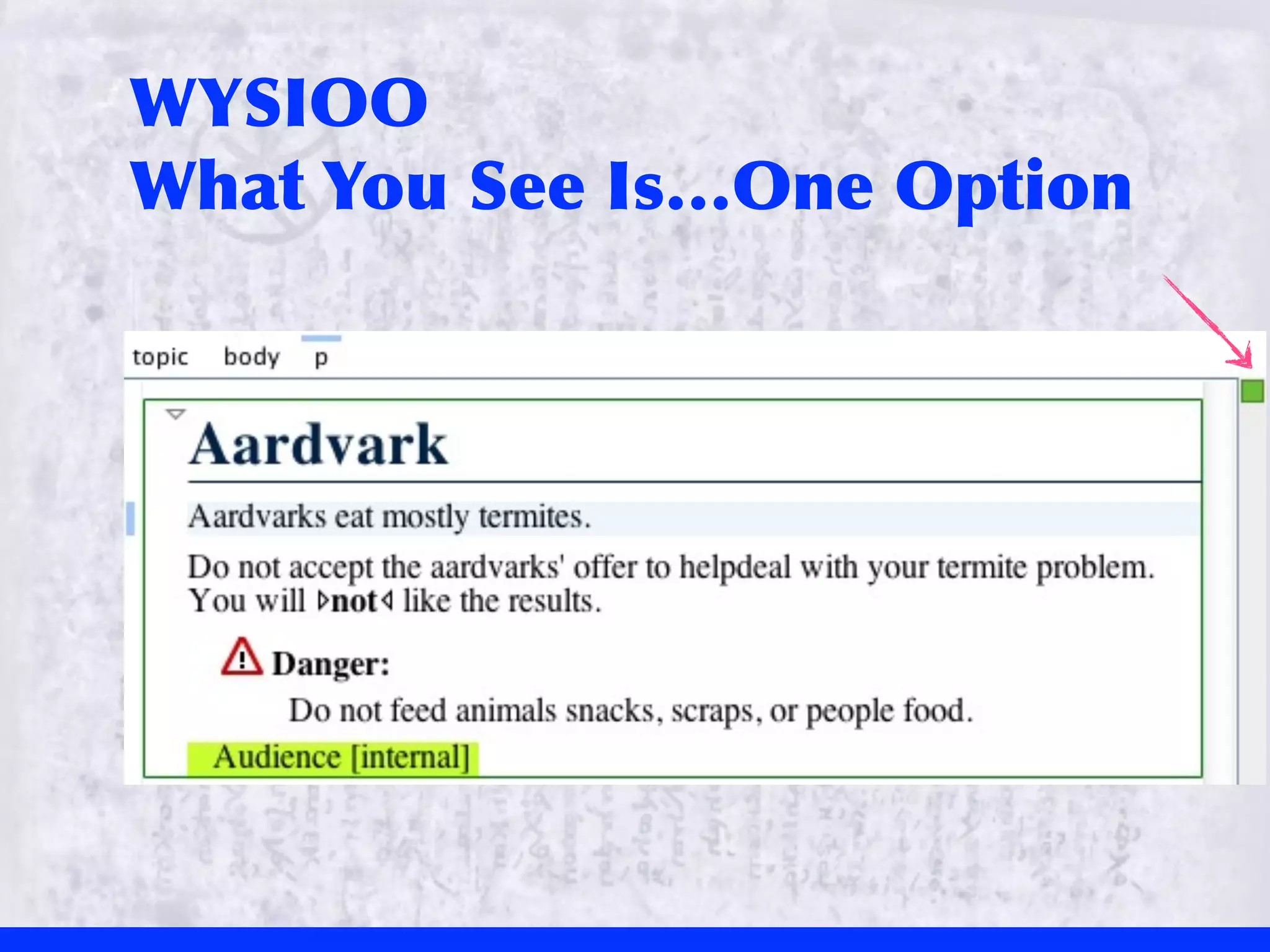 WYSIOO
What	
 You	
 See	
 Is…One	
 Option
 