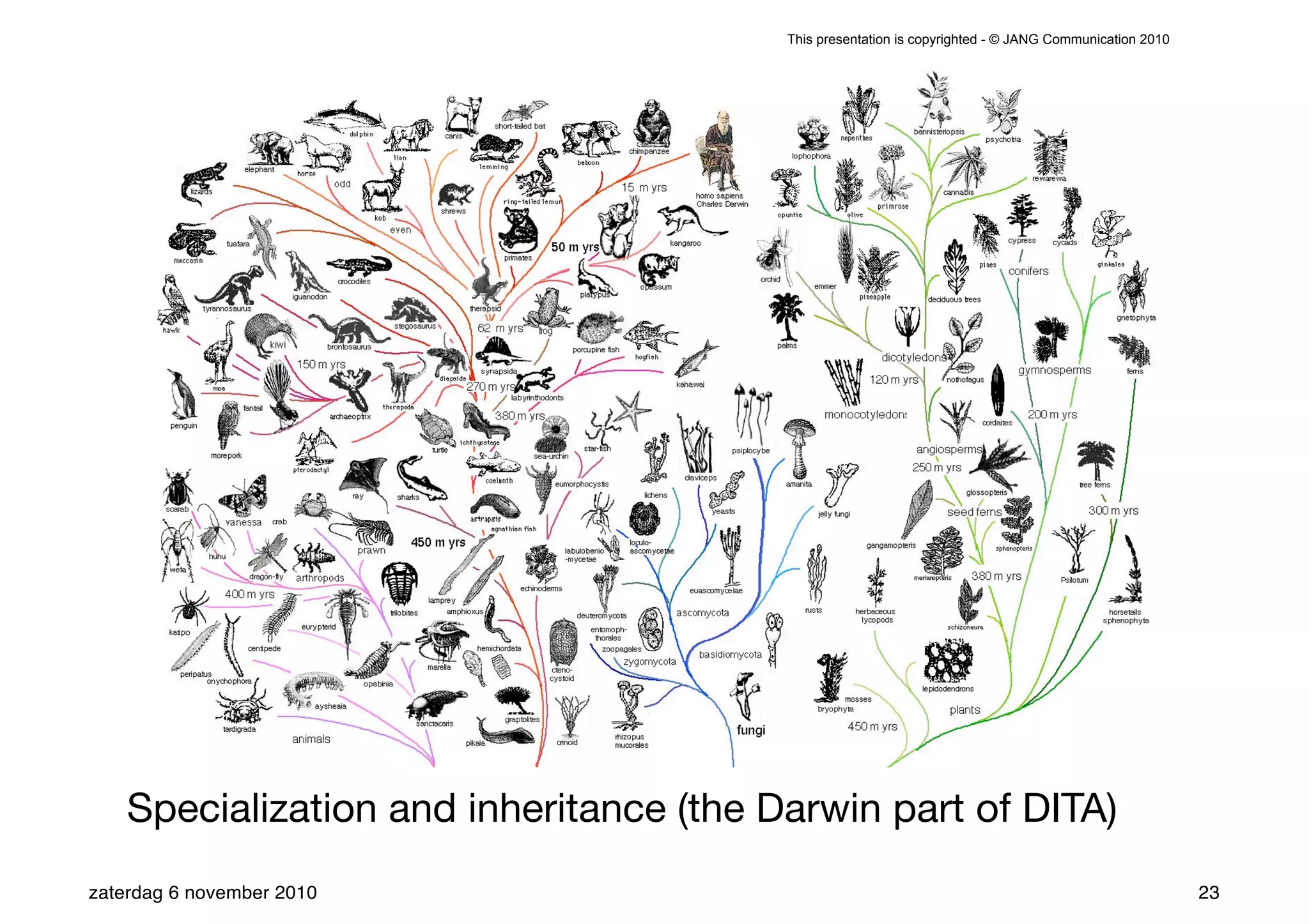 This presentation is copyrighted - © JANG Communication 2010




    Specialization and inheritance (the Darwin part of DITA)
zaterdag 6 november 2010                                                                                23
 