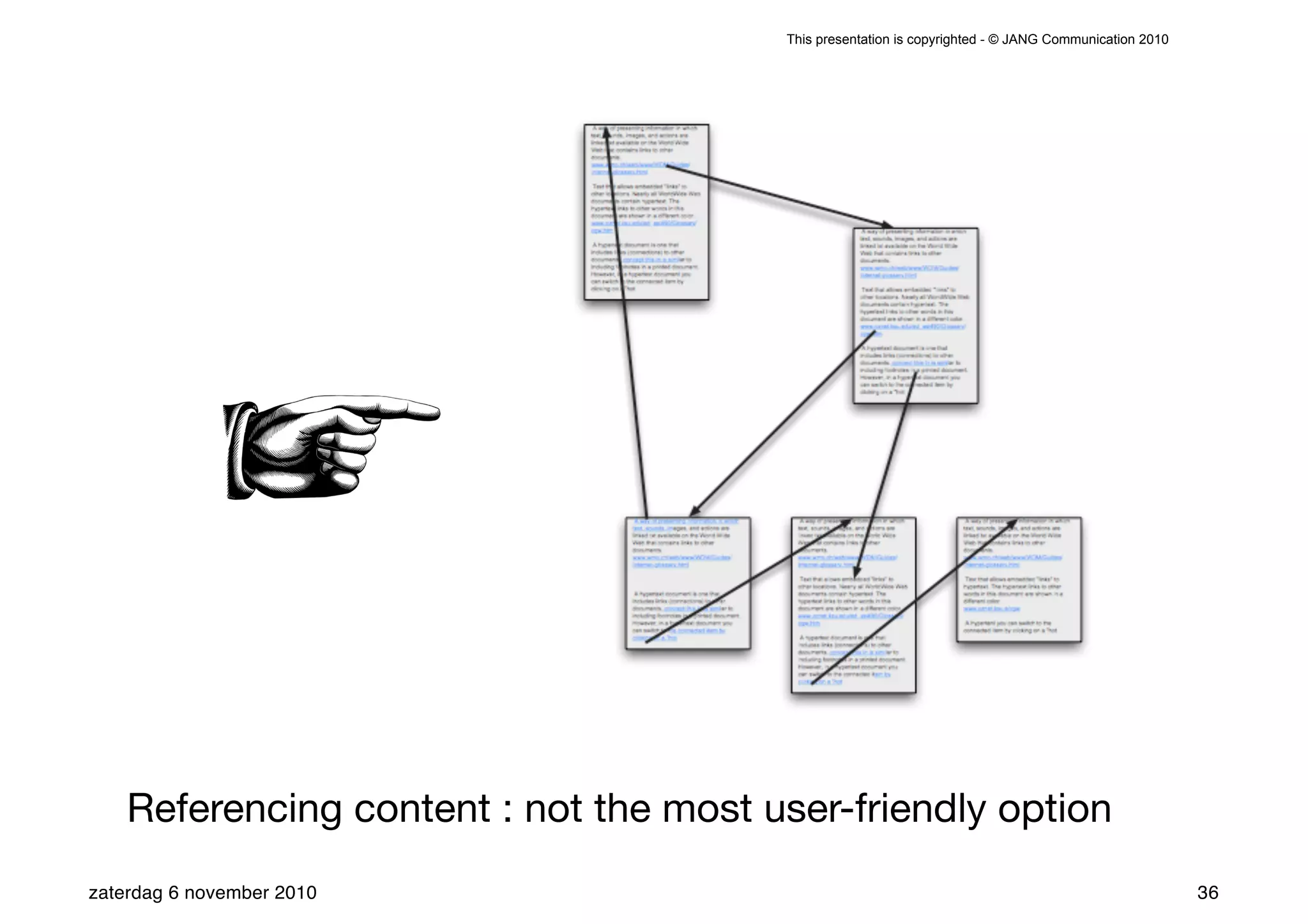This presentation is copyrighted - © JANG Communication 2010




    Referencing content : not the most user-friendly option
zaterdag 6 november 2010                                                                               36
 