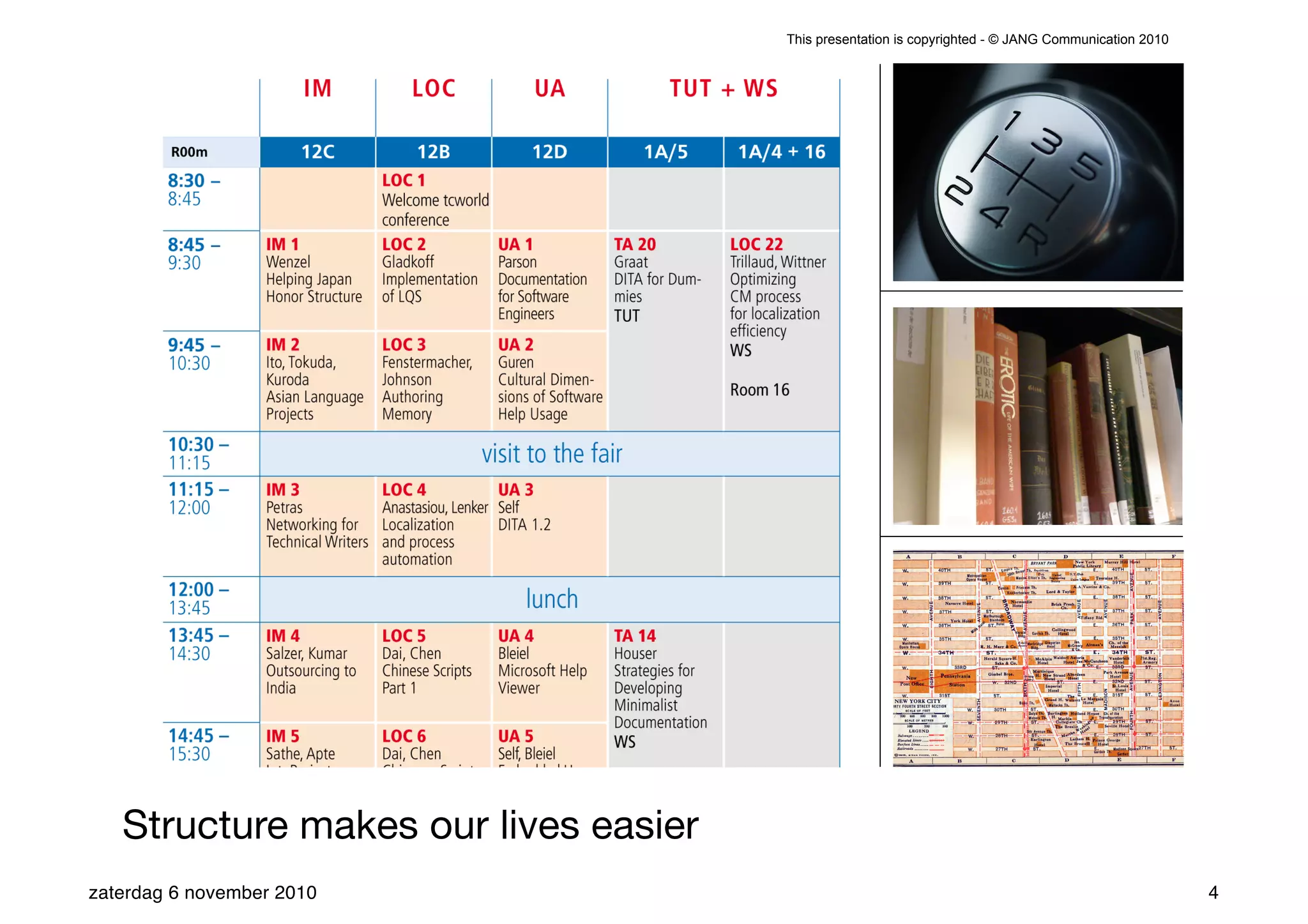 This presentation is copyrighted - © JANG Communication 2010




   Structure makes our lives easier
zaterdag 6 november 2010                                                                             4
 