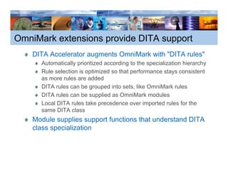 OmniMark extensions provide DITA support
    DITA Accelerator augments OmniMark with "DITA rules"
                                             DITA rules
      Automatically prioritized according to the specialization hierarchy
      Rule selection is optimized so that performance stays consistent
      as more rules are added
                l          dd d
      DITA rules can be grouped into sets, like OmniMark rules
      DITA rules can be supplied as OmniMark modules
      Local DITA rules take precedence over imported rules for the
      same DITA class
    Module supplies support functions that understand DITA
    class specialization
 