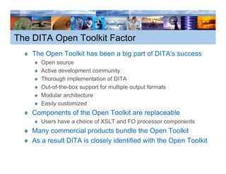 The DITA Open Toolkit Factor
    The Open Toolkit has been a big part of DITA's success
                                            DITA s
       Open source
       Active development community
       Thorough implementation of DITA
       Out-of-the-box support for multiple output formats
       Modular architecture
       Easily customized
    Components of the Open Toolkit are replaceable
       Users h
       U     have a choice of XSLT and FO processor components
                     h i    f        d                      t
    Many commercial products bundle the Open Toolkit
    As a result DITA is closely identified with the Open Toolkit
 