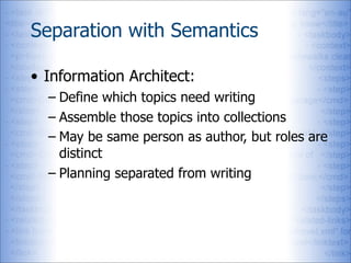 Separation with Semantics

• Information Architect:
  – Define which topics need writing
  – Assemble those topics into co...