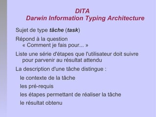 DITA
    Darwin Information Typing Architecture
Sujet de type tâche (task)
Répond à la question
  « Comment je fais pour.....