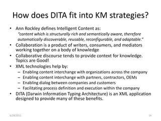 How does DITA fit into KM strategies?Ann Rockley defines Intelligent Content as:“content which is structurally rich and semantically aware, thereforeautomatically discoverable, reusable, reconfigurable, and adaptable.”Collaboration is a product of writers, consumers, and mediators working together on a body of knowledgeCollaborative discourse tends to provide context for knowledge. Topics are Good!XML technologies help by:Enabling content interchange with organizations across the companyEnabling content interchange with partners, contractors, OEMsEnabling dialog between companies and customersFacilitating process definition and execution within the companyDITA (Darwin Information Typing Architecture) is an XML application designed to provide many of these benefits.1/17/201114