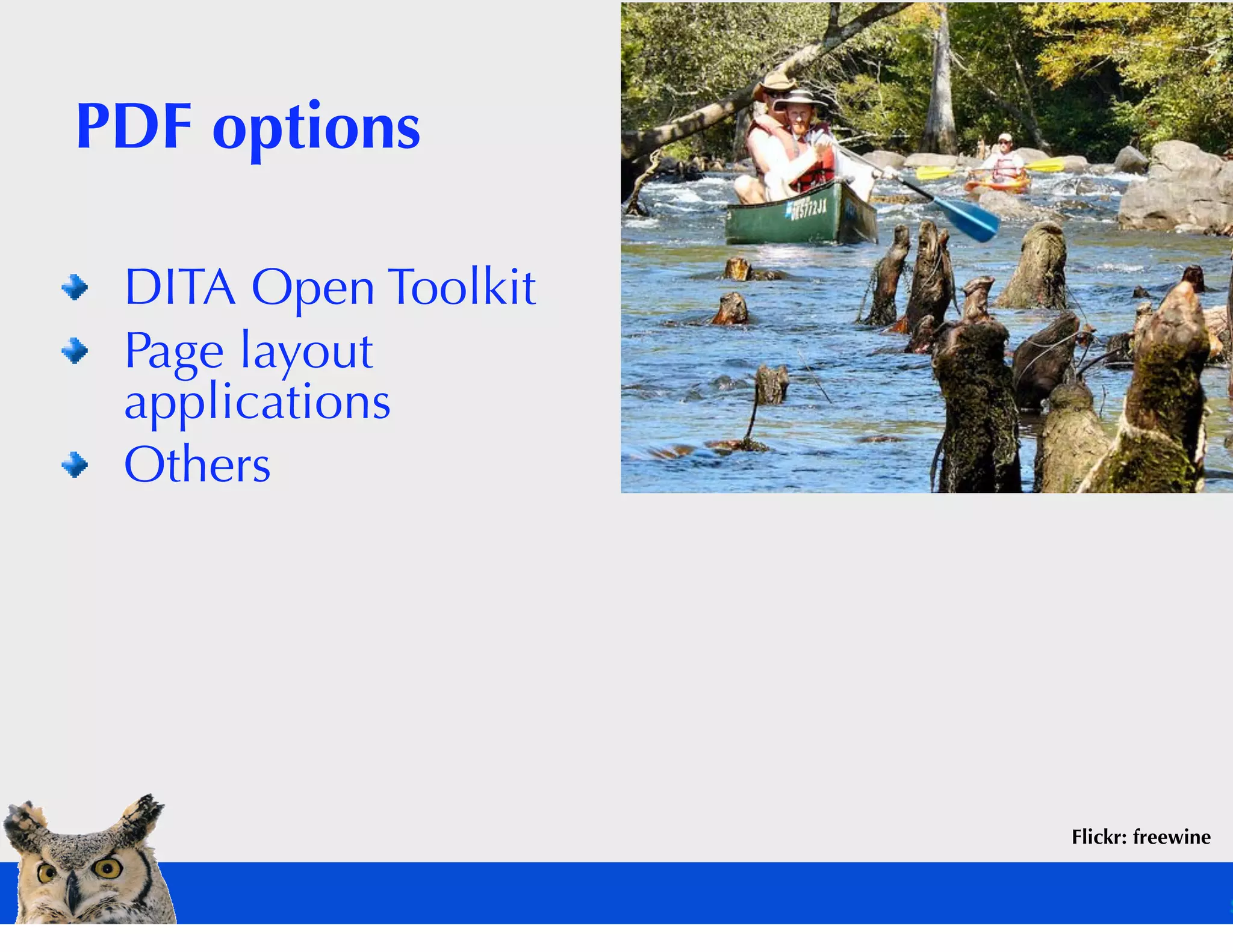 PDF options

 DITA Open Toolkit
 Page layout
 applications
 Others




                     Flickr: freewine
 