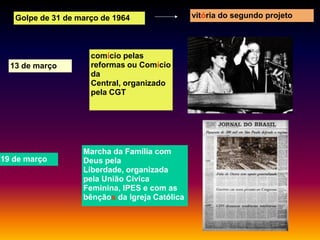 Golpe de 31 de março de 1964

13 de março

19 de março

comício pelas
reformas ou Comício
da
Central, organizado
pela CGT

Marcha da Família com
Deus pela
Liberdade, organizada
pela União Cívica
Feminina, IPES e com as
bênçãos da Igreja Católica

vitória do segundo projeto

 