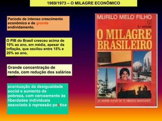 1969/1973 – O MILAGRE ECONÔMICO

Período de intenso crescimento
econômico e de grande
endividamento.

O PIB do Brasil cresceu acima de
10% ao ano, em média, apesar da
inflação, que oscilou entre 15% e
20% ao ano,

Grande concentração de
renda, com redução dos salários
reais
acentuação da desigualdade
social e aumento da
pobreza, com cerceamento às
liberdades individuais
associado à repressão política

 