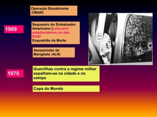 Operação Bandeirante
(OBAN)

1969

Sequestro do Embaixador
Americano [colocaria:
estadunidense ou dos
EUA]
Esquadrão da Morte
Assassinato de
Marighela (ALN)

1970

Guerrilhas contra o regime militar
espalham-se na cidade e no
campo
Copa do Mundo

 