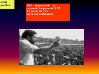 Crise
política

1980: reforma partidária
repressão às greves do ABC
A questão da terra
greve dos professores

 