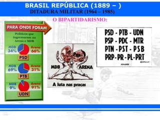 BRASIL REPÚBLICA (1889 – )
DITADURA MILITAR (1964 – 1985)
O BIPARTIDARISMO:
 