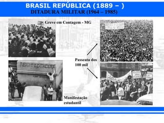 BRASIL REPÚBLICA (1889 – )
DITADURA MILITAR (1964 – 1985)
Greve em Contagem - MG
Passeata dos
100 mil
Manifestação
estudantil
 
