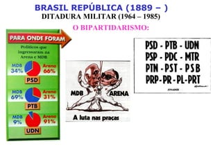 BRASIL REPÚBLICA (1889 – )
DITADURA MILITAR (1964 – 1985)
O BIPARTIDARISMO:
 