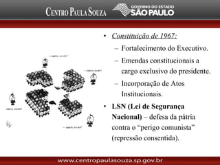 • Constituição de 1967:
– Fortalecimento do Executivo.
– Emendas constitucionais a
cargo exclusivo do presidente.
– Incorporação de Atos
Institucionais.
• LSN (Lei de Segurança
Nacional) – defesa da pátria
contra o “perigo comunista”
(repressão consentida).
 
