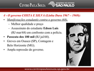 4 - O governo COSTA E SILVA (Linha Dura 1967 – 1969):
• Manifestações estudantis contra o governo (68).
– Melhor qualidade e preço
– Assassinato do estudante Edson Luís
(RJ mar/68) em confronto com a polícia.
• Passeata dos 100 mil (RJ jul/68).
• Greves em Osasco (SP), Contagem e
Belo Horizonte (MG).
• Ampla repressão do governo.
 