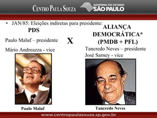 • JAN/85: Eleições indiretas para presidente:
PDS
Paulo Maluf – presidente
Mário Andreazza - vice
X
ALIANÇA
DEMOCRÁTICA*
(PMDB + PFL)
Tancredo Neves – presidente
José Sarney - vice
Tancredo NevesPaulo Maluf
 