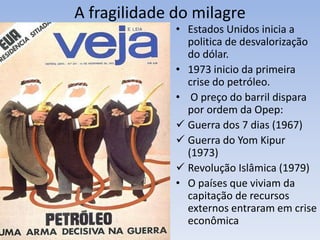 A fragilidade do milagre
• Estados Unidos inicia a
politica de desvalorização
do dólar.
• 1973 inicio da primeira
crise do petróleo.
• O preço do barril dispara
por ordem da Opep:
 Guerra dos 7 dias (1967)
 Guerra do Yom Kipur
(1973)
 Revolução Islâmica (1979)
• O países que viviam da
capitação de recursos
externos entraram em crise
econômica
 