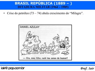 Crise do petróleo (73 – 74) abala crescimento do “Milagre”. 