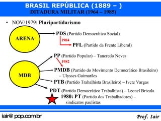 NOV/1979:  Pluripartidarismo ARENA MDB PDS  (Partido Democrático Social) PP  (Partido Popular) – Tancredo Neves PMDB  (Partido do Movimento Democrático Brasileiro) – Ulysses Guimarães 1982 PFL  (Partido da Frente Liberal) 1984 PTB  (Partido Trabalhista Brasileiro) – Ivete Vargas PDT  (Partido Democrático Trabalhista) – Leonel Brizola 1980:   PT  (Partido dos Trabalhadores) – sindicatos paulistas 