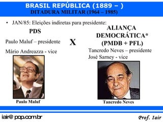 JAN/85: Eleições indiretas para presidente: PDS Paulo Maluf – presidente Mário Andreazza - vice X ALIANÇA  DEMOCRÁTICA* (PMDB + PFL) Tancredo Neves – presidente José Sarney - vice Tancredo Neves Paulo Maluf 