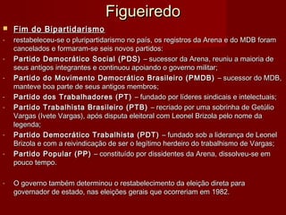 FigueiredoFigueiredo
 Fim do BipartidarismoFim do Bipartidarismo
- restabeleceu-se o pluripartidarismo no país, os registros da Arena e do MDB foramrestabeleceu-se o pluripartidarismo no país, os registros da Arena e do MDB foram
cancelados e formaram-se seis novos partidos:cancelados e formaram-se seis novos partidos:
- Partido Democrático Social (PDS)Partido Democrático Social (PDS) – sucessor da Arena, reuniu a maioria de– sucessor da Arena, reuniu a maioria de
seus antigos integrantes e continuou apoiando o governo militar;seus antigos integrantes e continuou apoiando o governo militar;
- Partido do Movimento Democrático Brasileiro (PMDB)Partido do Movimento Democrático Brasileiro (PMDB) – sucessor do MDB,– sucessor do MDB,
manteve boa parte de seus antigos membros;manteve boa parte de seus antigos membros;
- Partido dos Trabalhadores (PT)Partido dos Trabalhadores (PT) – fundado por líderes sindicais e intelectuais;– fundado por líderes sindicais e intelectuais;
- Partido Trabalhista Brasileiro (PTB)Partido Trabalhista Brasileiro (PTB) – recriado por uma sobrinha de Getúlio– recriado por uma sobrinha de Getúlio
Vargas (Ivete Vargas), após disputa eleitoral com Leonel Brizola pelo nome daVargas (Ivete Vargas), após disputa eleitoral com Leonel Brizola pelo nome da
legenda;legenda;
- Partido Democrático Trabalhista (PDT)Partido Democrático Trabalhista (PDT) – fundado sob a liderança de Leonel– fundado sob a liderança de Leonel
Brizola e com a reivindicação de ser o legítimo herdeiro do trabalhismo de Vargas;Brizola e com a reivindicação de ser o legítimo herdeiro do trabalhismo de Vargas;
- Partido Popular (PP)Partido Popular (PP) – constituído por dissidentes da Arena, dissolveu-se em– constituído por dissidentes da Arena, dissolveu-se em
pouco tempo.pouco tempo.
- O governo também determinou o restabelecimento da eleição direta paraO governo também determinou o restabelecimento da eleição direta para
governador de estado, nas eleições gerais que ocorreriam em 1982.governador de estado, nas eleições gerais que ocorreriam em 1982.
 