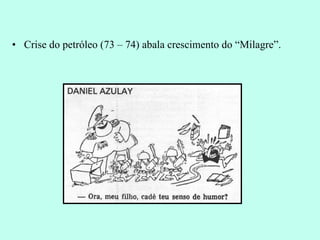 Crise do petróleo (73 – 74) abala crescimento do “Milagre”. 