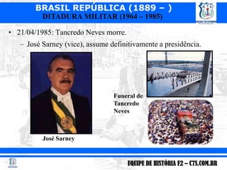 21/04/1985: Tancredo Neves morre.<br />José Sarney (vice), assume definitivamente a presidência.<br />Funeral de Tancredo ...